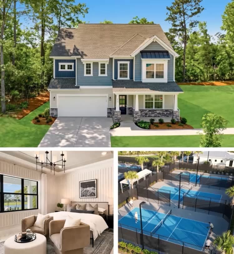 Lennar model home exterior and bedroom, community pickleball courts, golf course and resort-style pool